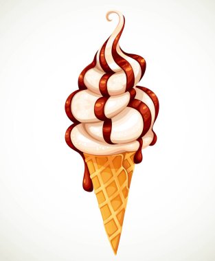Beyaz arka planda izole edilmiş waffle bardağına çikolata soslu yumuşak vanilya dondurması dökülmüş.