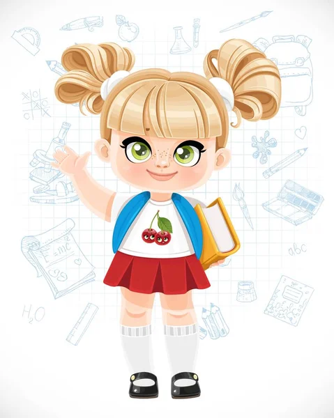 Linda Colegiala Rubia Dibujos Animados Con Mochila Azul Libro Texto — Vector de stock