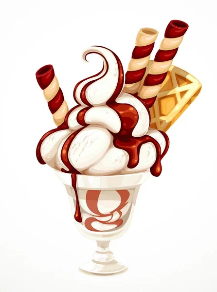 Helado Vainilla Suave Cubierto Con Glaseado Chocolate Decorado Con Gofres — Vector de stock