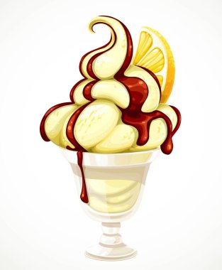 Limon dilimli limonlu dondurma ve beyaz arka planda izole edilmiş bir kasede çikolata soslu.