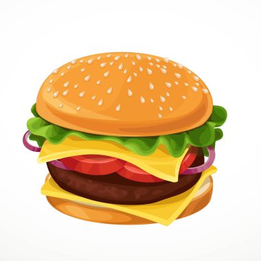 Beyaz arka planda izole edilmiş pirzola, peynir, marul, domates ve soğan halkaları ile vektör hamburger.