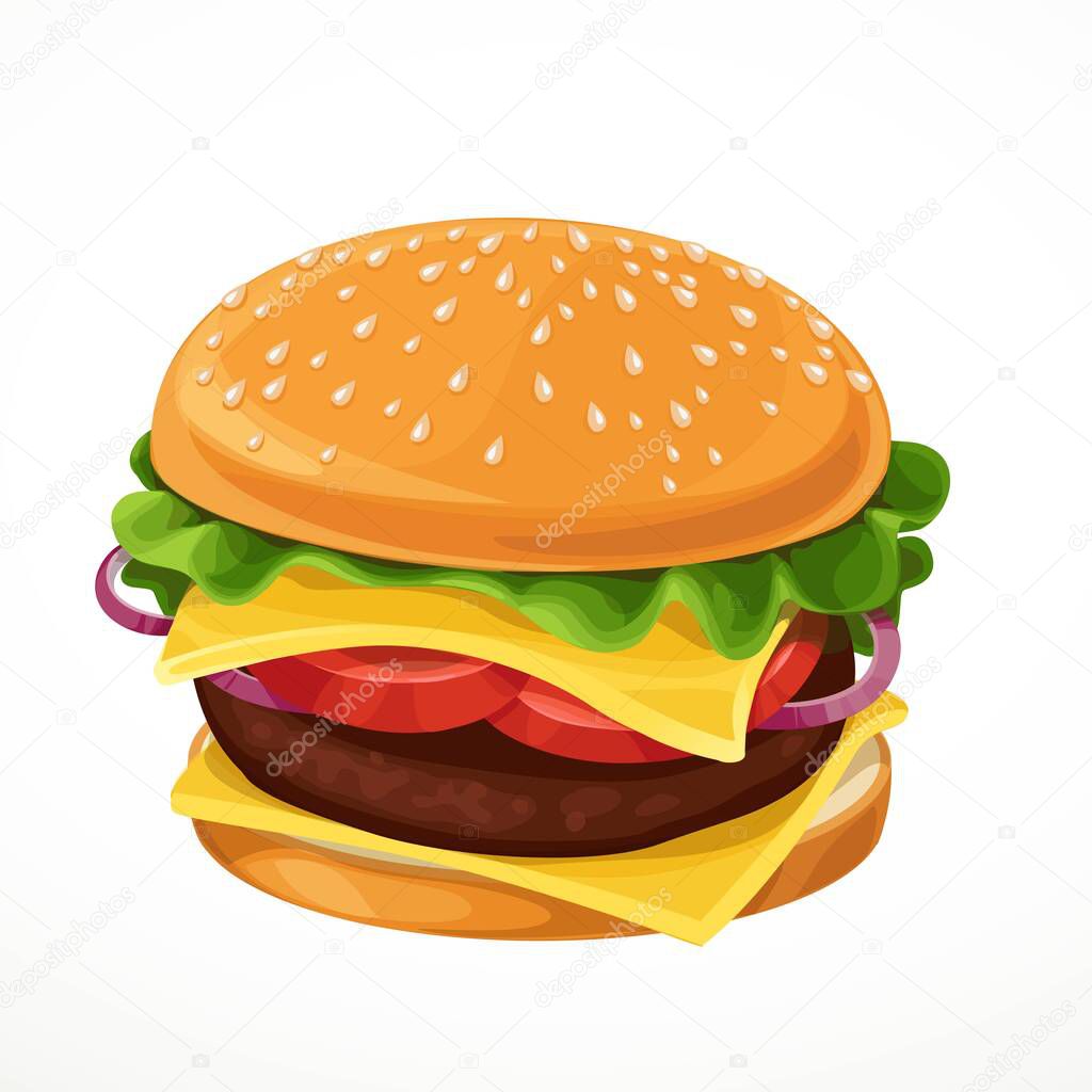 Vector hamburger with cutlet, cheese, lettuce, tomato and onion rings isolated on a white background