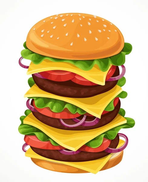 Вектор Большой Высокий Гамбургер Котлет Сыр Зеленый Салат Томаты Лук — стоковый вектор