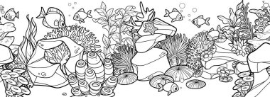 Renklendirme sayfası için deniz yatağı ve yerli balıklardan, mercanlardan, şakayıklardan, deniz yosunlarından ve deniz yıldızlarının çizgisel çizimlerinden yatay olarak uzun ve pürüzsüz bir arkaplan