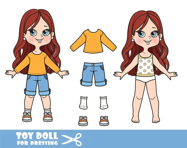 Cartoon Brunetka Dívka Bujnou Kudrnatý Účes Oblečený Oblečení Odděleně Tričko — Stockový vektor