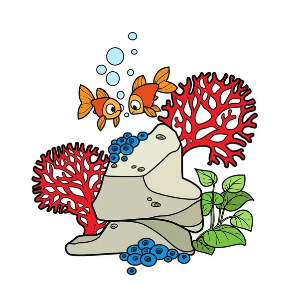 魚の近くの石の上でサンゴ 藻類が成長し 白色の背景に分離された着色ページの色の変化を泳ぐ — ストックベクタ