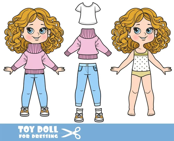 服や服を個別にカール髪を持つ漫画の女の子 Tシャツ 暖かいピンクのセーター ジーンズ ジーンズ スニーカードレッシング用人形 — ストックベクタ