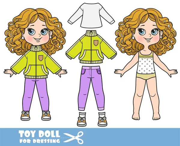 服や服を個別にカールの髪を持つ漫画の女の子 半シーズンのジャケット 長袖Tシャツ ジーンズ ドレッシングのためのスニーカー人形 — ストックベクタ