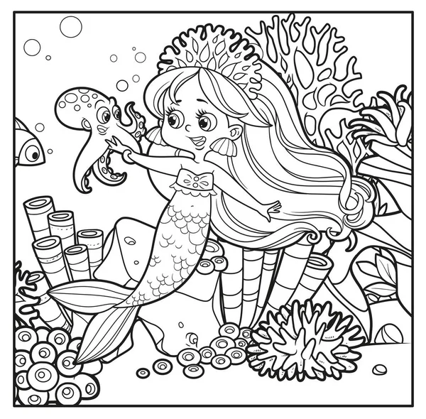 かわいいです人魚の女の子でサンゴTiara Talksとともに小さなタコ輪郭のための着色ページで海底にサンゴと藻類の背景 — ストックベクタ