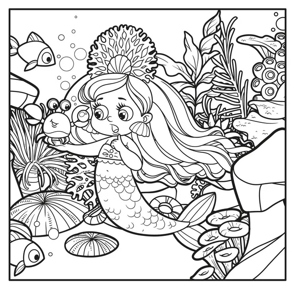 Cartoon Krabbe Zeigt Eine Große Perle Niedlichen Kleinen Meerjungfrau Mädchen — Stockvektor