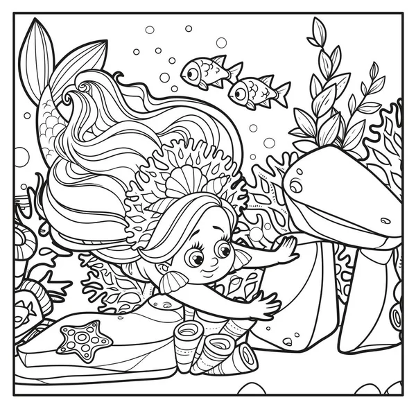 Cute Little Mermaid Girl Coral Tiara Dives Outlined Coloring Page — Stock Vector