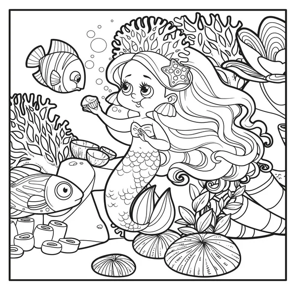 Cute Little Mermaid Girl Coral Tiara Fish Eating Cupcake Outlined — Stock Vector