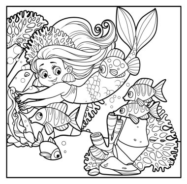 Mercan tacı takmış şirin küçük deniz kızı mercan ve alg zeminli deniz tabanında renklendirme sayfası için çizilmiş balıklarla yüzüyor.