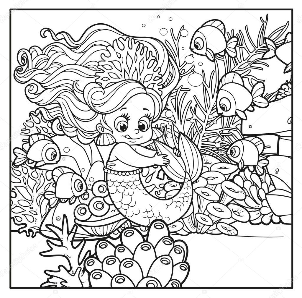 Cute little mermaid girl in coral tiara playing with her tail outlined for coloring page on seabed with corals and algae background