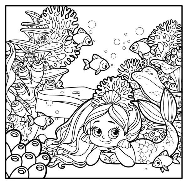 Cute Coquettish Dziewczyna Syrenka Koralowym Tiara Leży Dnie Morza Zarysowane — Wektor stockowy