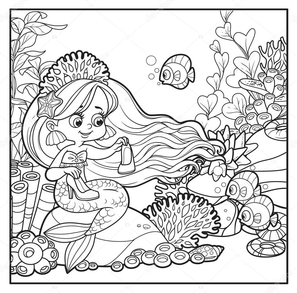 Cartoon mermaid in tiara wonders what to do with high heel shoes outlined for coloring page on seabed with corals and algae background