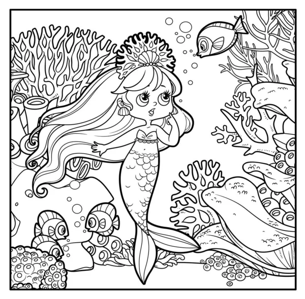 Nettes Kleines Meerjungfrauenmädchen Korallen Tiara Spricht Mit Fischen Zum Ausmalen — Stockvektor
