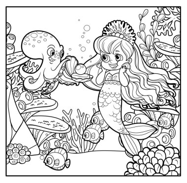 Çizgi film kahramanı ahtapot deniz kızına mercan ve alg zeminli deniz tabanının boyama sayfası için özetlenmiş bir inci verir.