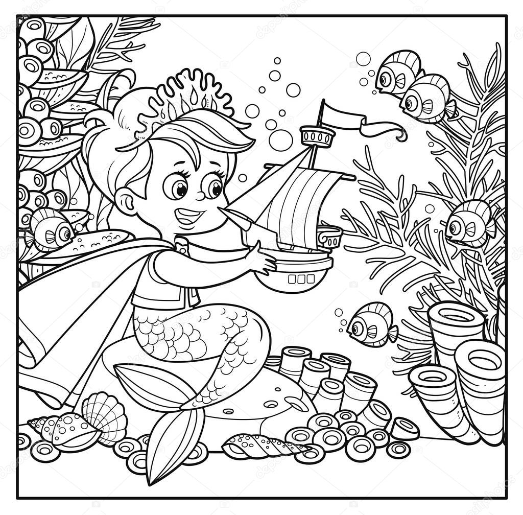 Mermaid prince in a crown of coral sits on a stone and examines a toy sailboat  outlined for coloring page on seabed with corals and algae background