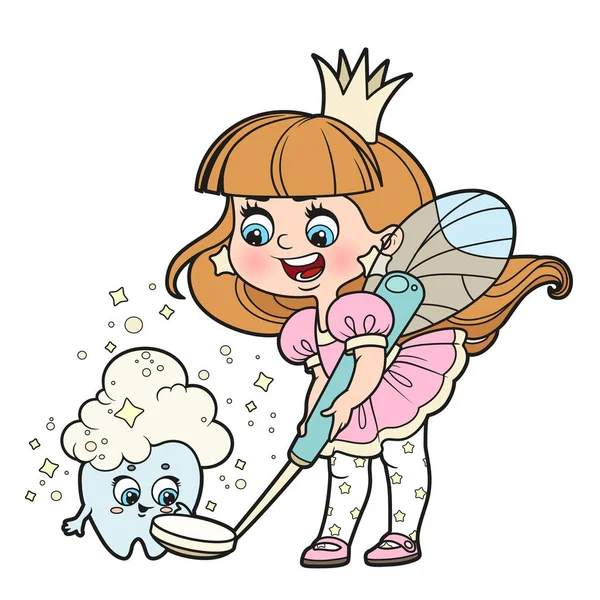 Cute Little Girl Tooth Fairy Holds Dental Mirror Helps Tooth — Stock Vector