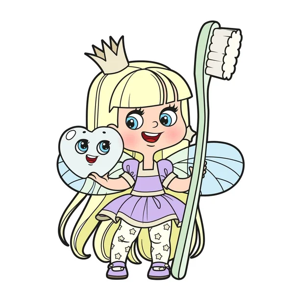 Cute Little Tooth Fairy Big Toothbrush Cute Cartoon Tooth Color — Stock Vector