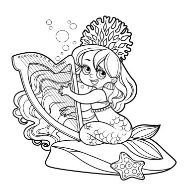 Şirin küçük deniz kızı taşın üzerine oturur ve beyaz arka planda izole edilmiş renkli sayfa için özet geçer.