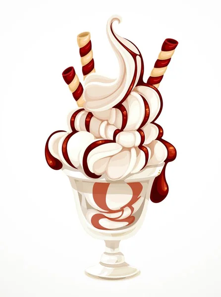 Мягкое Ванильное Мороженое Покрытое Шоколадной Глазурью Стеклянной Чашке Белом Фоне — стоковый вектор