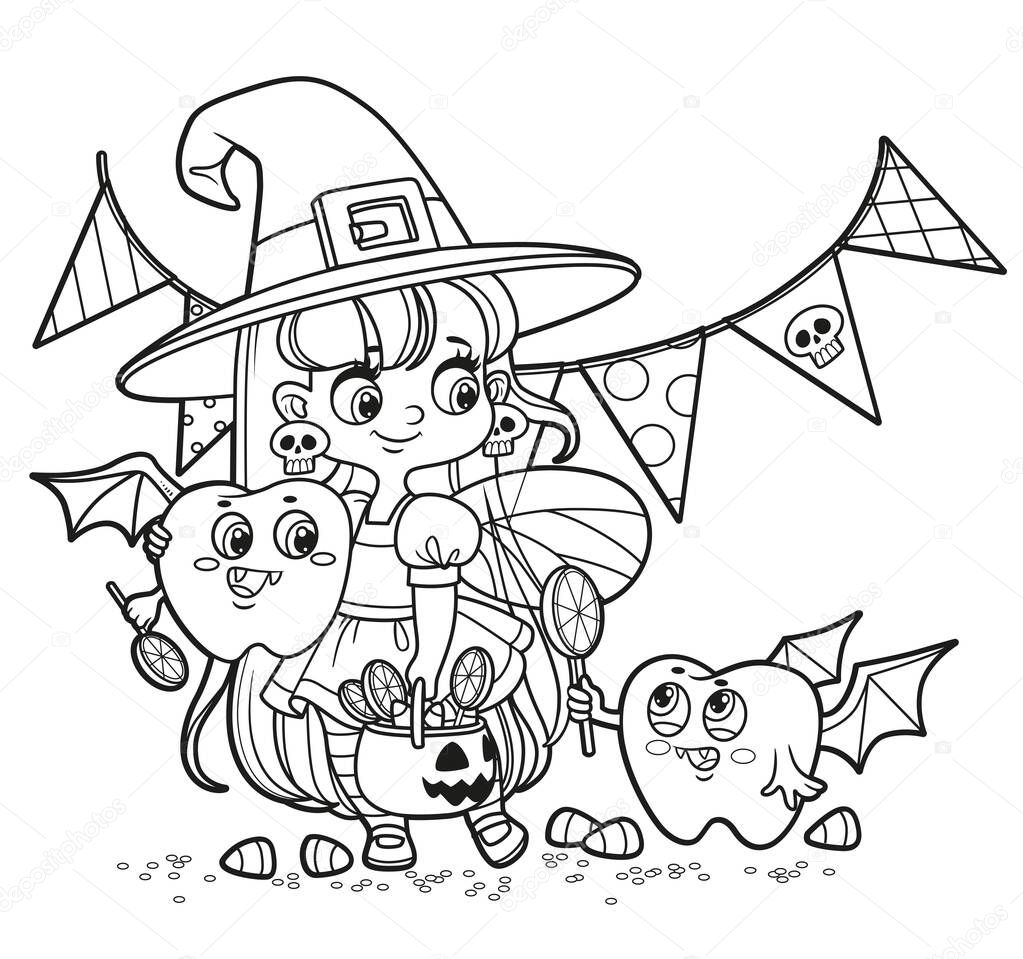 Tooth fairy in a witch costume and teeth in a vampire costume with candies trick-or-treat outlined for coloring on white background