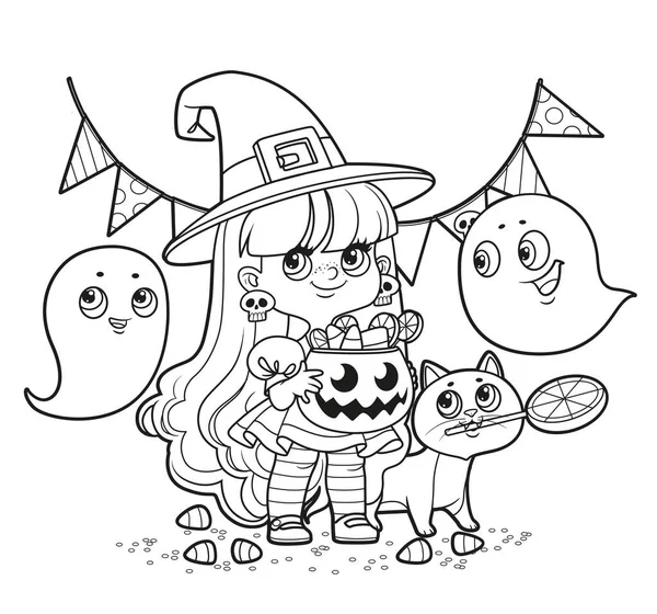 Linda Chica Dibujos Animados Bruja Fantasmas Gato Con Caramelos Truco — Vector de stock