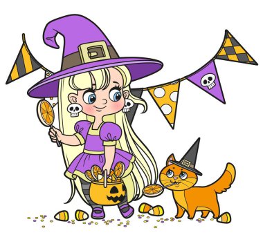 Tatlı cadı kız ve kedi beyaz arkaplan boyama sayfası için şeker mi şaka mı renk varyasyonu