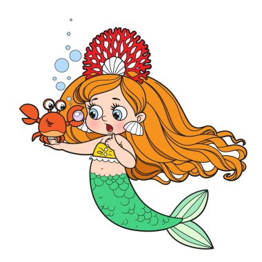 Karikatür yengeci mercan taç takan küçük tatlı denizkızına boyama sayfası için büyük bir inci gösteriyor.