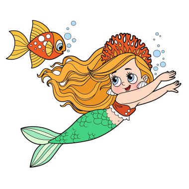 Mercan tacı takmış şirin küçük deniz kızı renk sayfası için balık renginde bir varyasyonla yüzüyor.