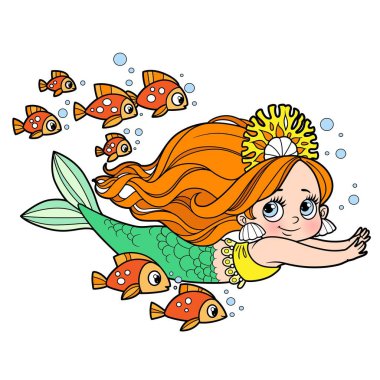 Mercan tacı takmış şirin küçük denizkızı renkli sayfaları boyamak için bir balık sürüsüyle yüzüyor.