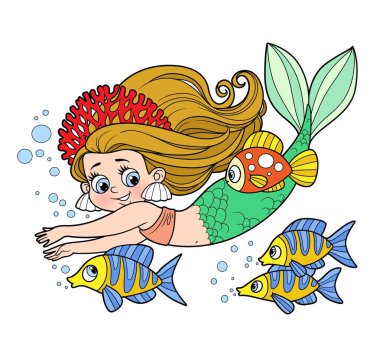 Mercan tacı takmış şirin küçük deniz kızı boyama sayfası için balık rengi varyasyonlarıyla yüzüyor.