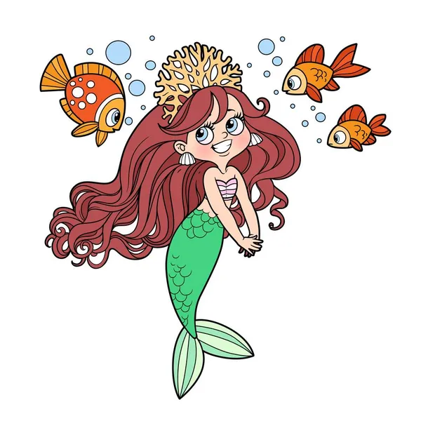 Cute Coquettish Mermaid Girl Coral Tiara Speaks Fish Color Variation — Stock Vector