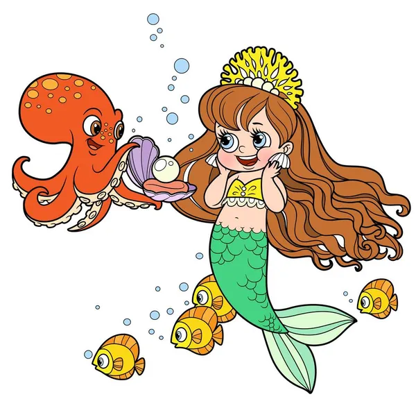 Cartoon Gallant Octopus Gives Mermaid Princess Pearl Shell Color Variation — Stock Vector