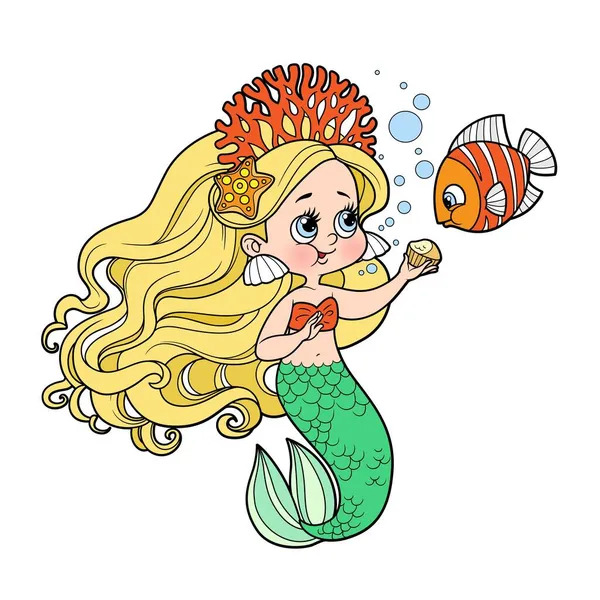 Roztomilá Malá Mořská Panna Dívka Korálové Tiáře Ryby Jedí Cupcakecolor — Stockový vektor