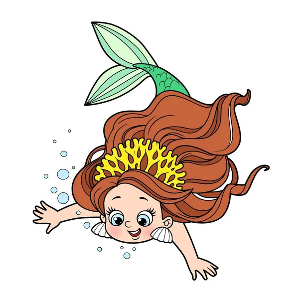 Niedliches Kleines Meerjungfrau Mädchen Korallen Diadem Taucht Farbvariante Für Malseite — Stockvektor