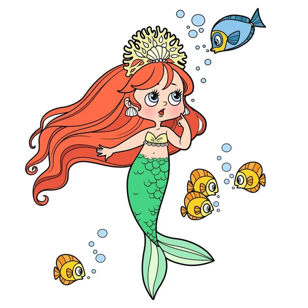 Cute Little Mermaid Girl Coral Tiara Speaks Fish Color Variation — Stock Vector