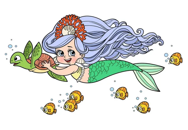 Cute Little Mermaid Girl Coral Tiara Swims Forward Holding Sea — Stock Vector