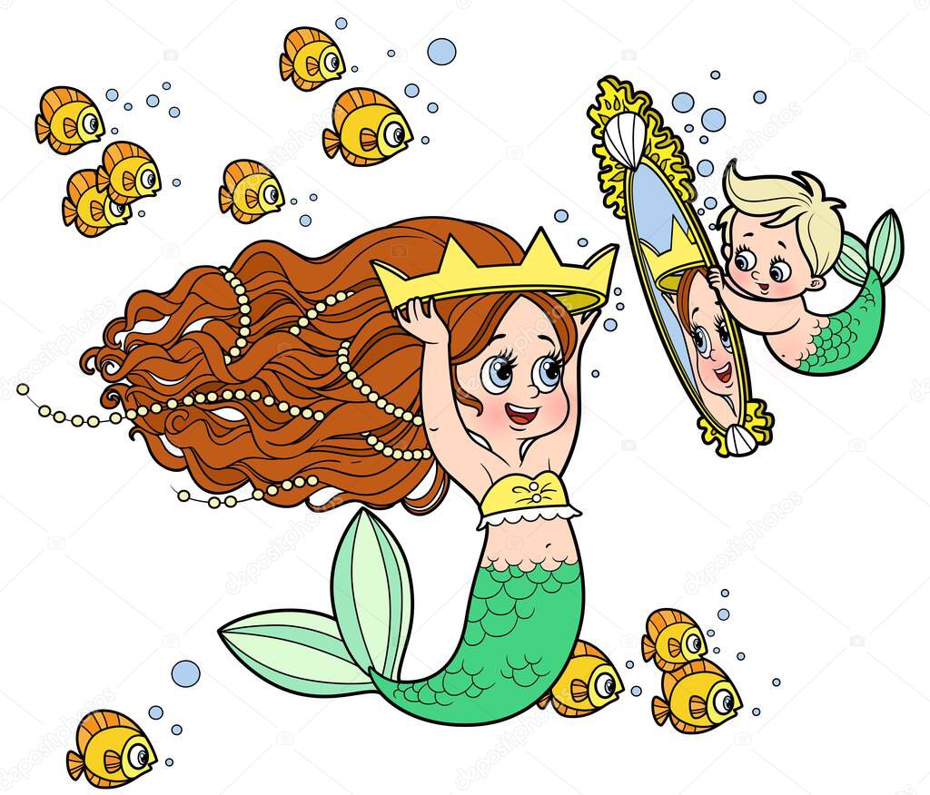 Cute little mermaid girl measures the crown in front of the mirror held by the child mermaid color variation for coloring page