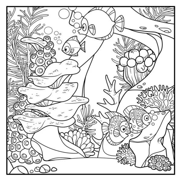 Kreslený Podvodní Svět Korály Sasankami Rostou Pískovcovém Oblouku Ryby Obrysů — Stockový vektor