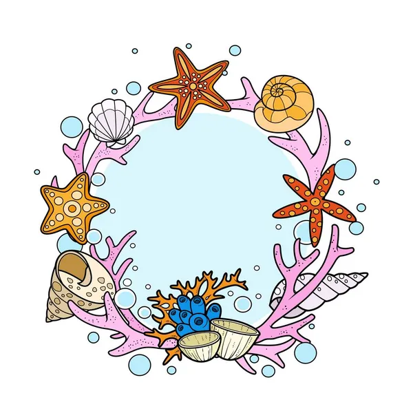 Frame Wreath Sea Objects Starfishes Seashells Corals Colored Version White — Stock Vector