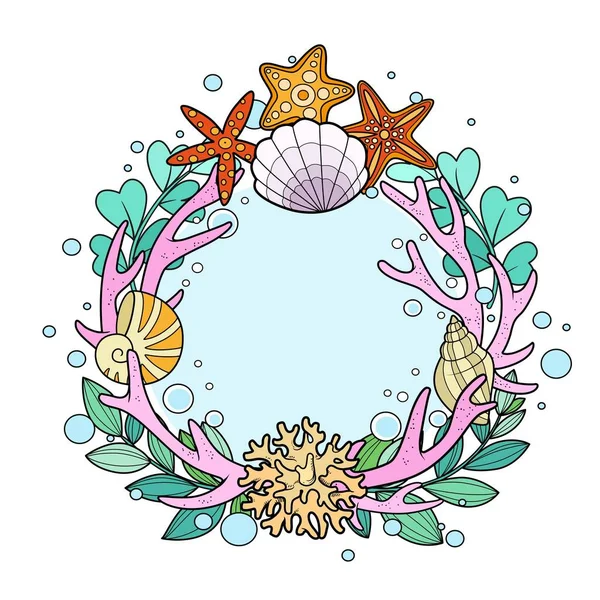 Frame Wreath Sea Objects Starfishes Seashells Swaweed Corals Colored Version — Stock Vector