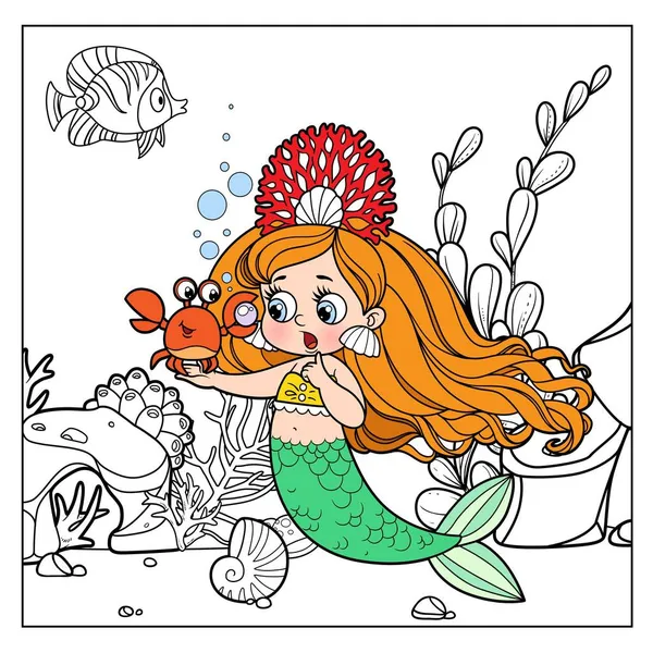 Color Cartoon Krabbe Zeigt Eine Große Perle Niedlichen Kleinen Meerjungfrau — Stockvektor