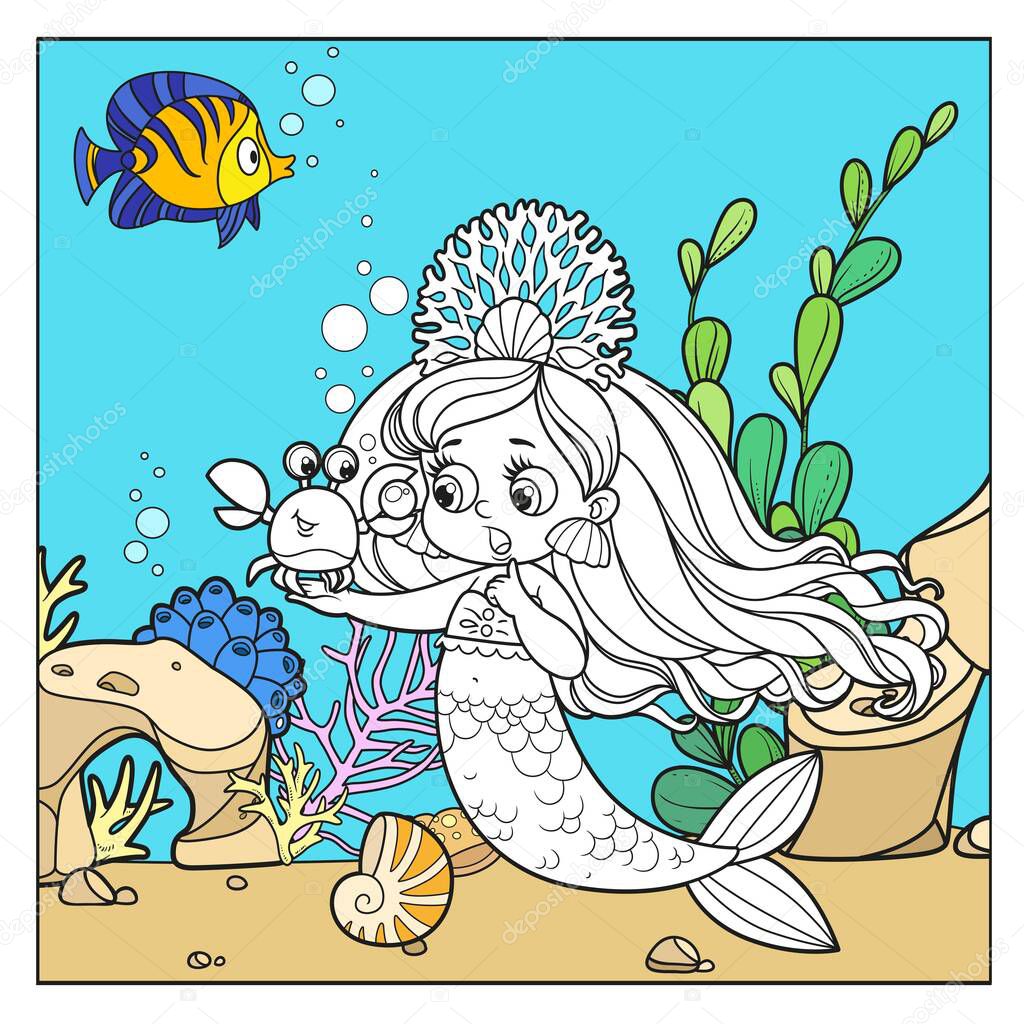 Cartoon outlined  crab showing a large pearl to cute little mermaid girl in coral tiara  on color simple seabed with corals background  