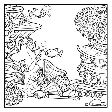 Mercanlar ve deniz şakayıklarının olduğu karikatür dünyası kumtaşının üzerinde büyür. Etrafı beyaz arka planda izole edilmiş renklerle çevrili balıklarla çevrilidir.