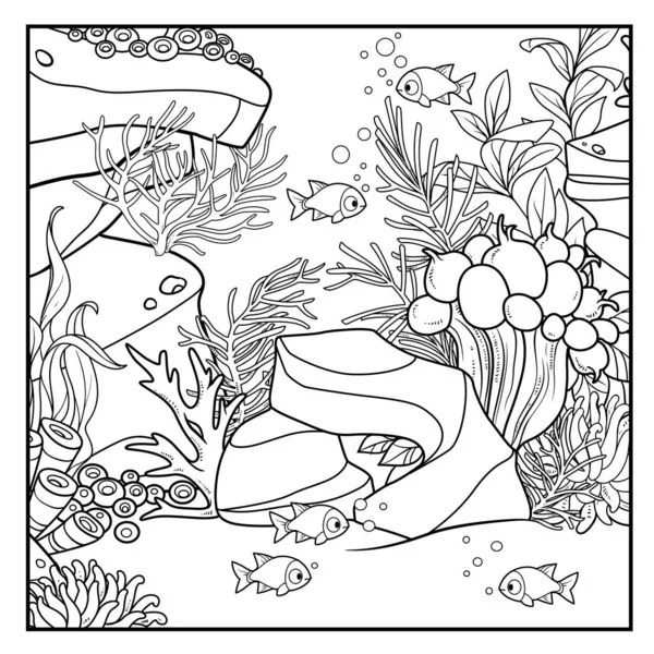 Kreskówka Podwodny Świat Koralami Ryby Zarysowane Kolorowania Izolowane Białym Tle — Wektor stockowy