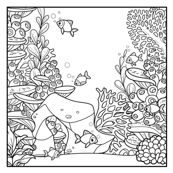 Caricature Monde Sous Marin Avec Coraux Algues Éponges Anémones Troupeau — Image vectorielle