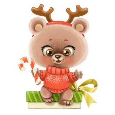 Pençesinde şeker olan şirin çizgi film bebek ayısı beyaz arka planda izole edilmiş bir hediye kutusuna oturur.